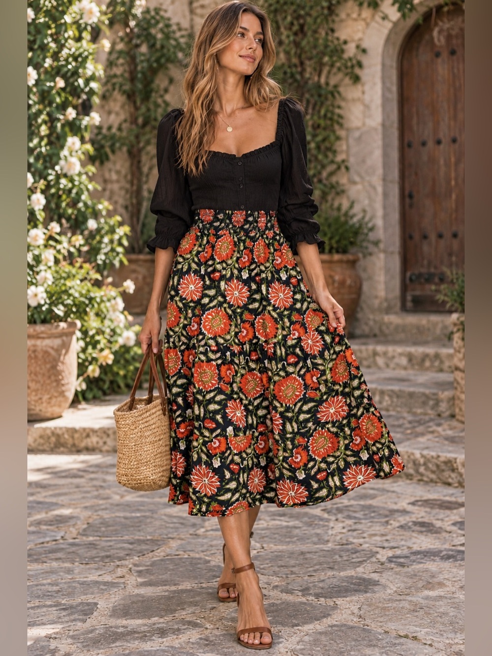Evereve Navy Floral Midi Skirt Women's Medium